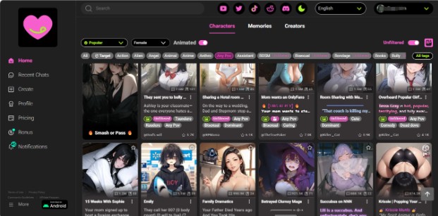 A glimpse into Crushonai: scroll through a character AI 18 profile, ready for immersive AI hentai chat and exciting spicy chat AI.
